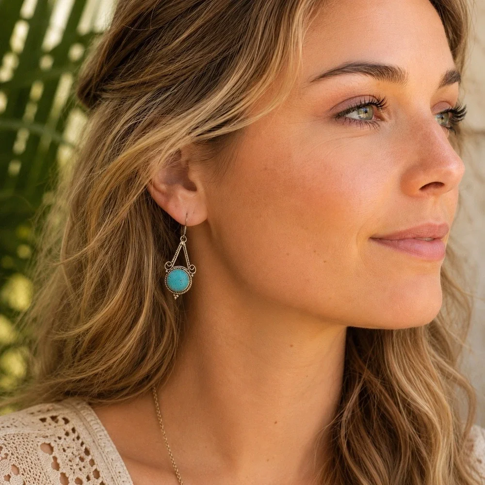 Tibetan Handmade Turquoise Dangle Earrings Silvertone Boho Artisan Southwestern